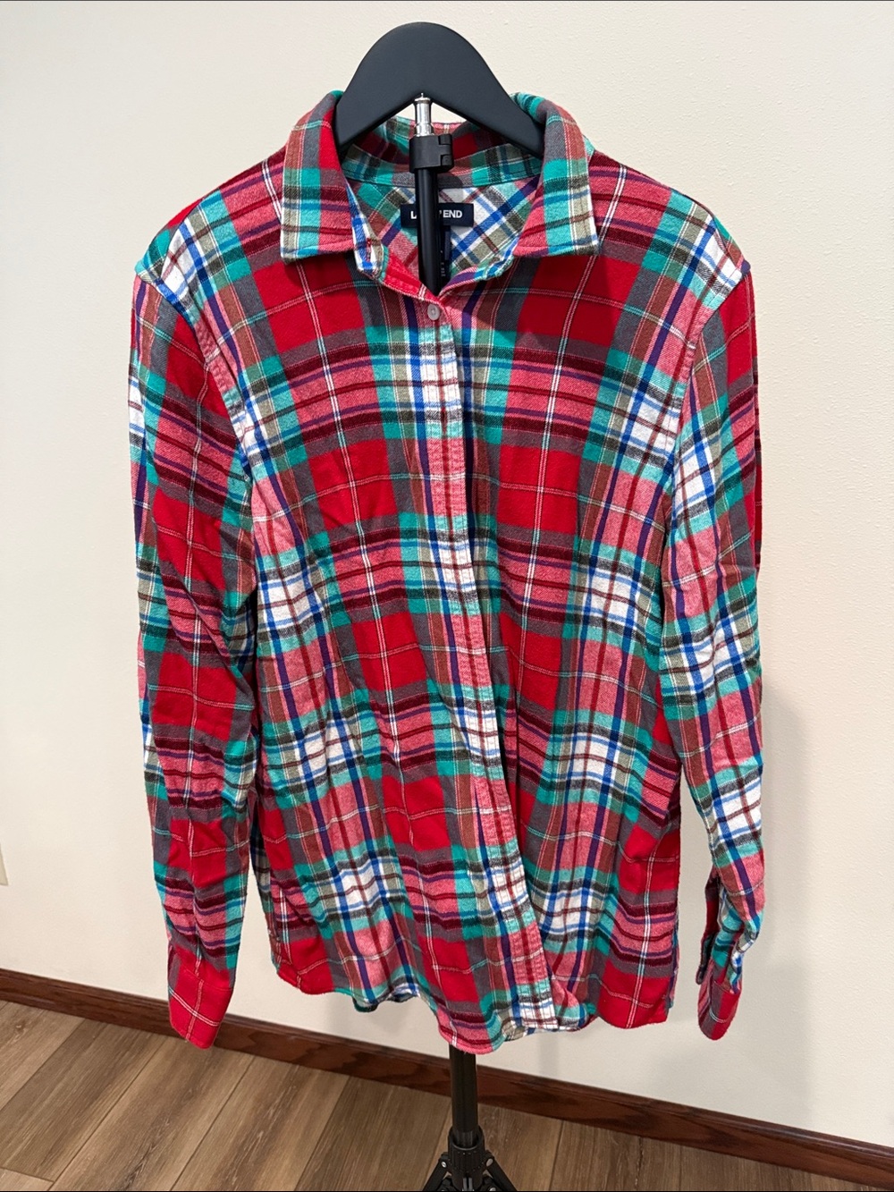 Lands' End Red and Green Plaid Button-Down Shirt